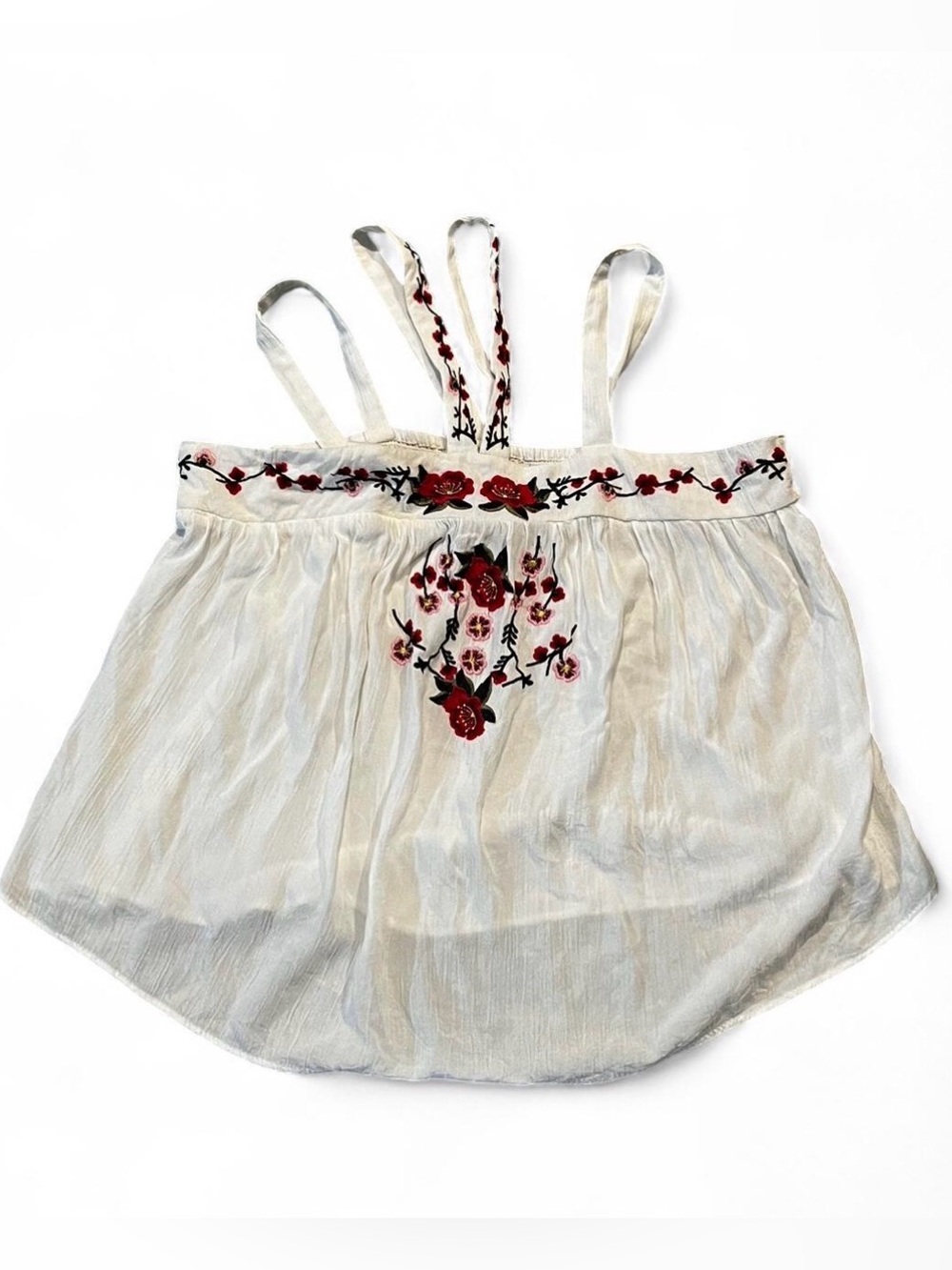 Blue Rain white Tank Top with Red Floral Embroidery